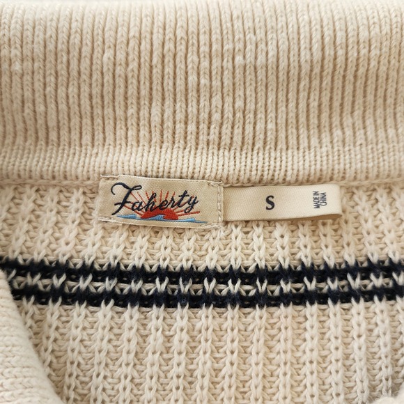 Faherty Miramar Womens Linen Cotton Striped Polo Sweater Cream Blue Small V-Neck - Picture 4 of 7